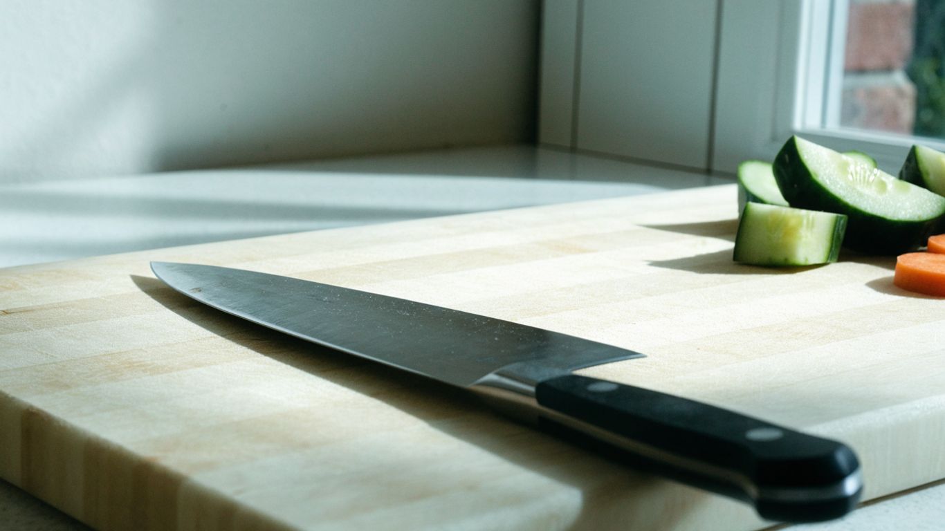 Sharp kitchen knife and vegetables on a pale bamboo board