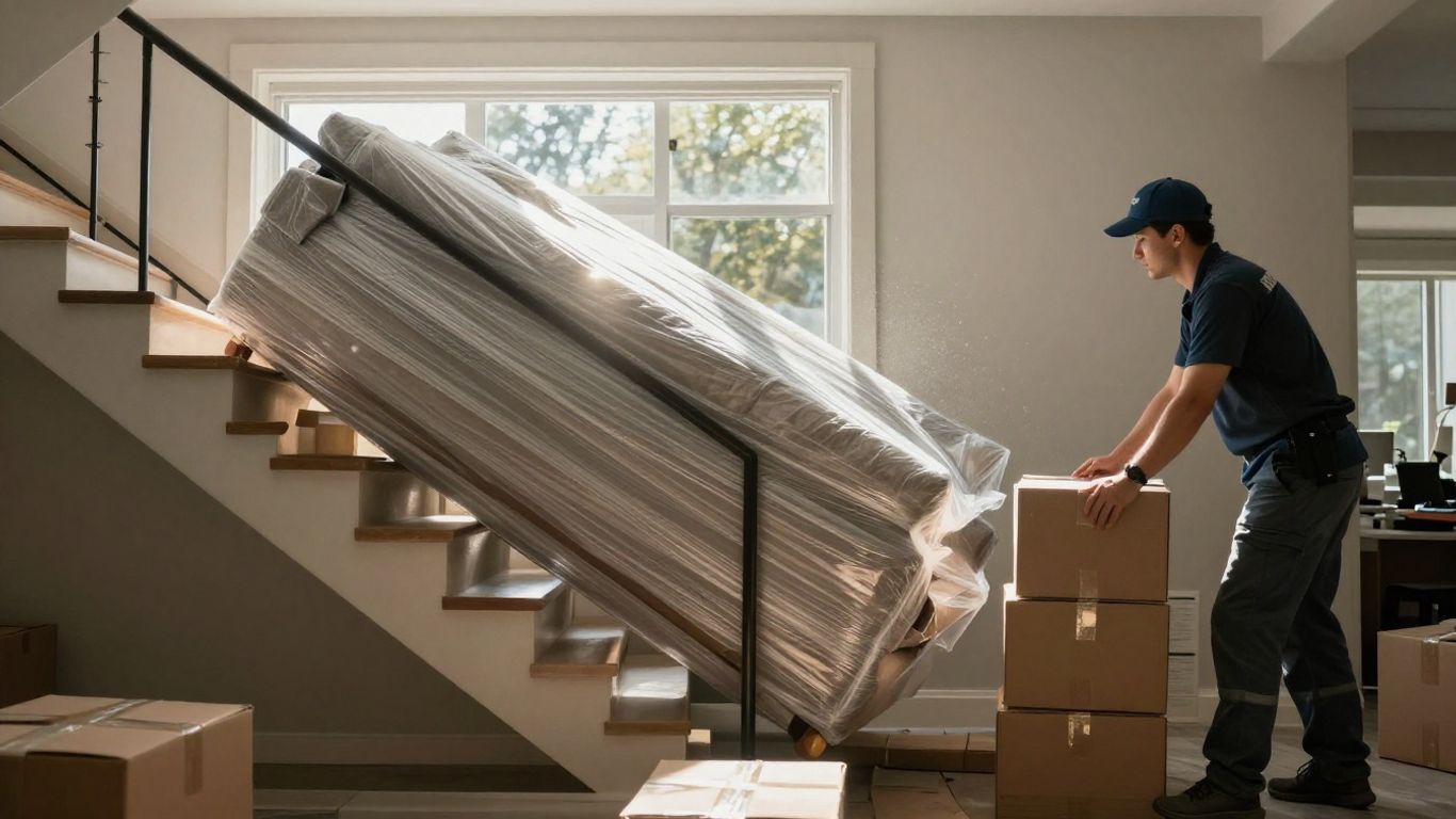 Movers carrying furniture and boxes down stairs.