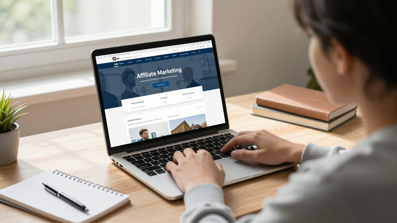 Beginner learning affiliate marketing at a desk.