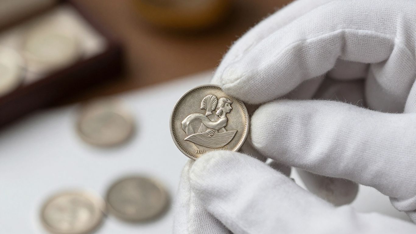 Cotton gloves holding a silver coin, close-up.