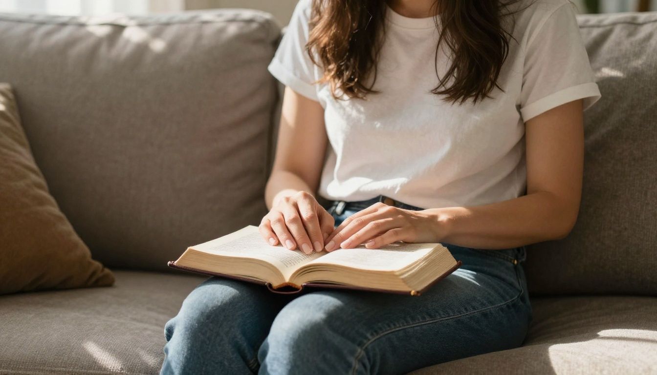 A woman sits alone on a couch in a sunlit living room, her hands gently folded over an open Bible in her lap, with a peaceful and reflective expression on her face.