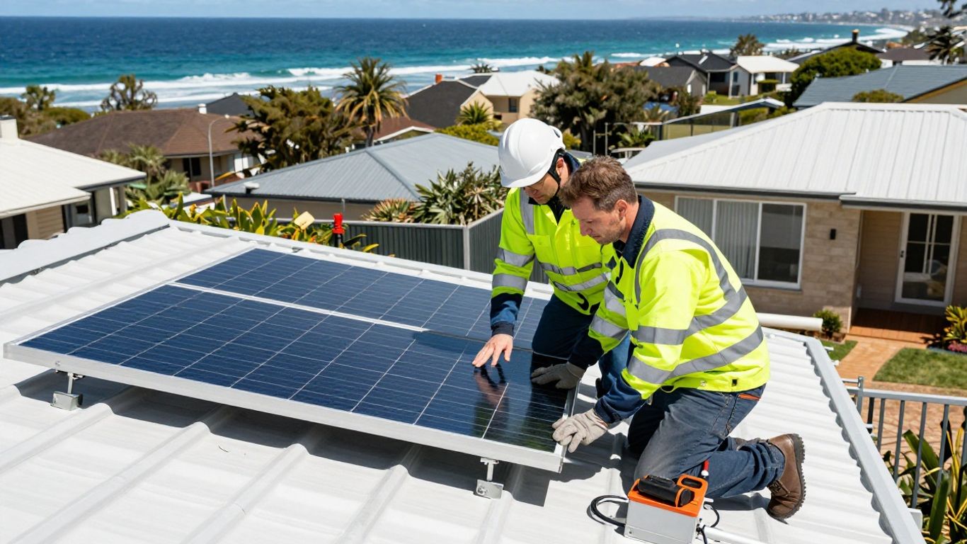 Solar installer inspecting an Australian rooftop