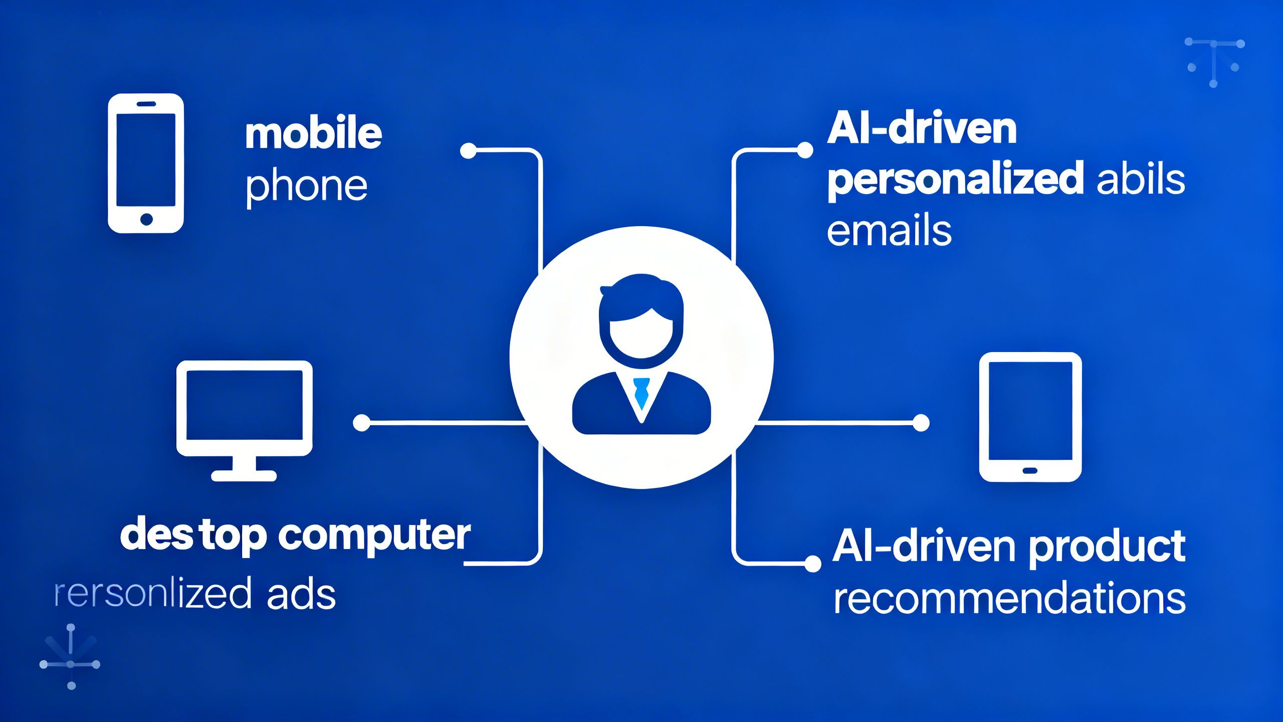 A diagram showing a customer at the center, with AI-driven personalized ads, emails, and product recommendations branching out to them on different devices.