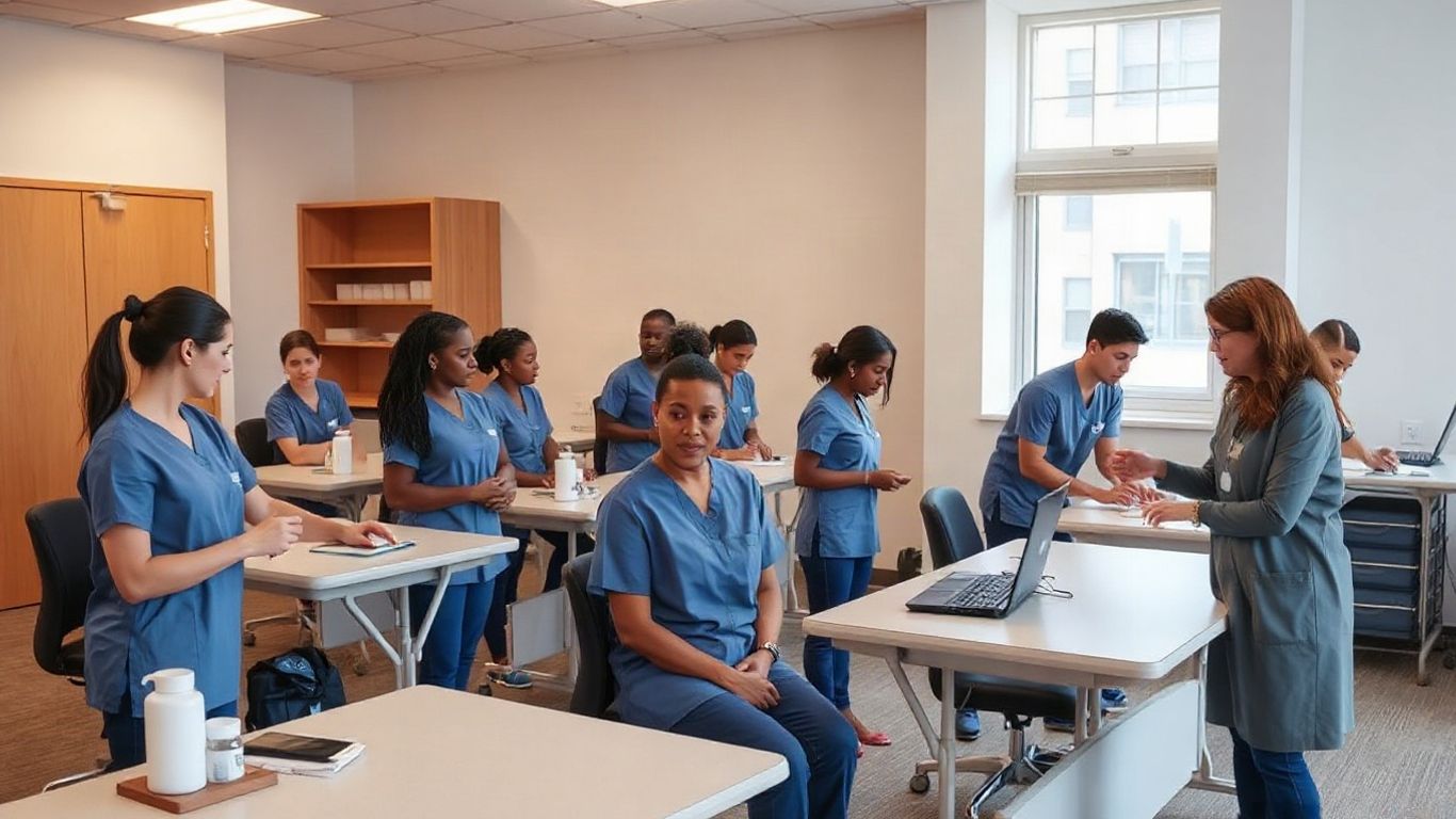 Students practicing CNA skills in a bright classroom