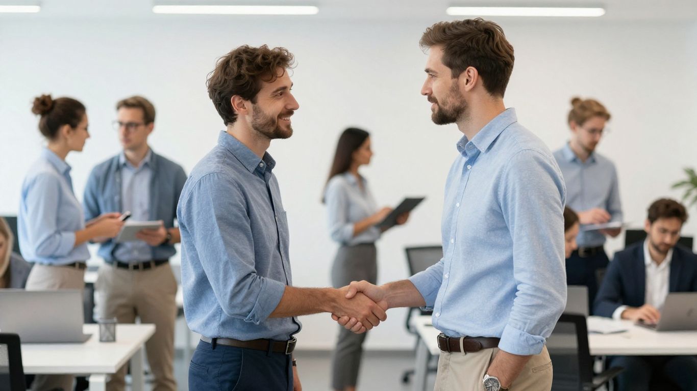 IT-Fachleute im Büro, Händeschütteln, Besprechung, moderne Arbeitsumgebung.