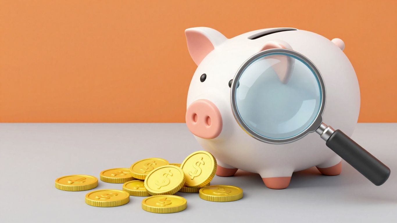 Cartoon piggy bank with coins and magnifying glass.