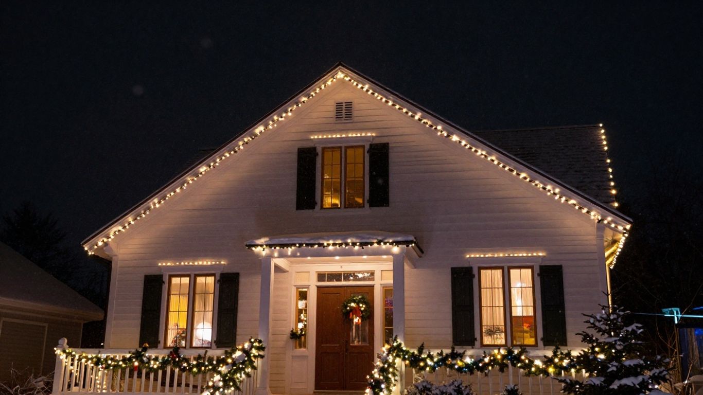 House decorated with bright Christmas lights at night.
