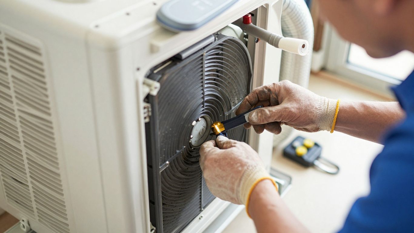 Technician inspecting AC evaporator coil for cooling issues.