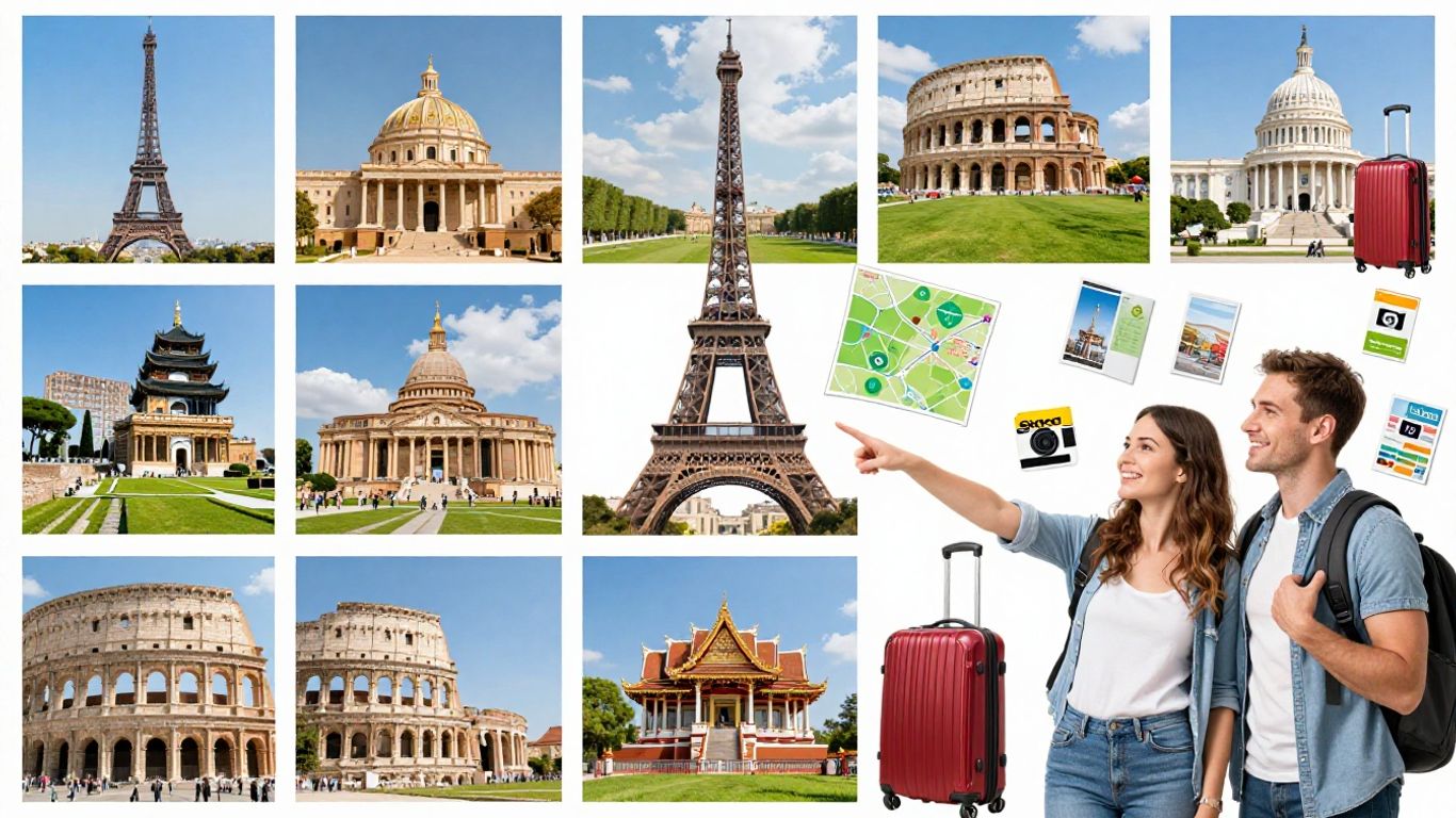 Couple planning a Gate 1 Travel adventure with world landmarks.