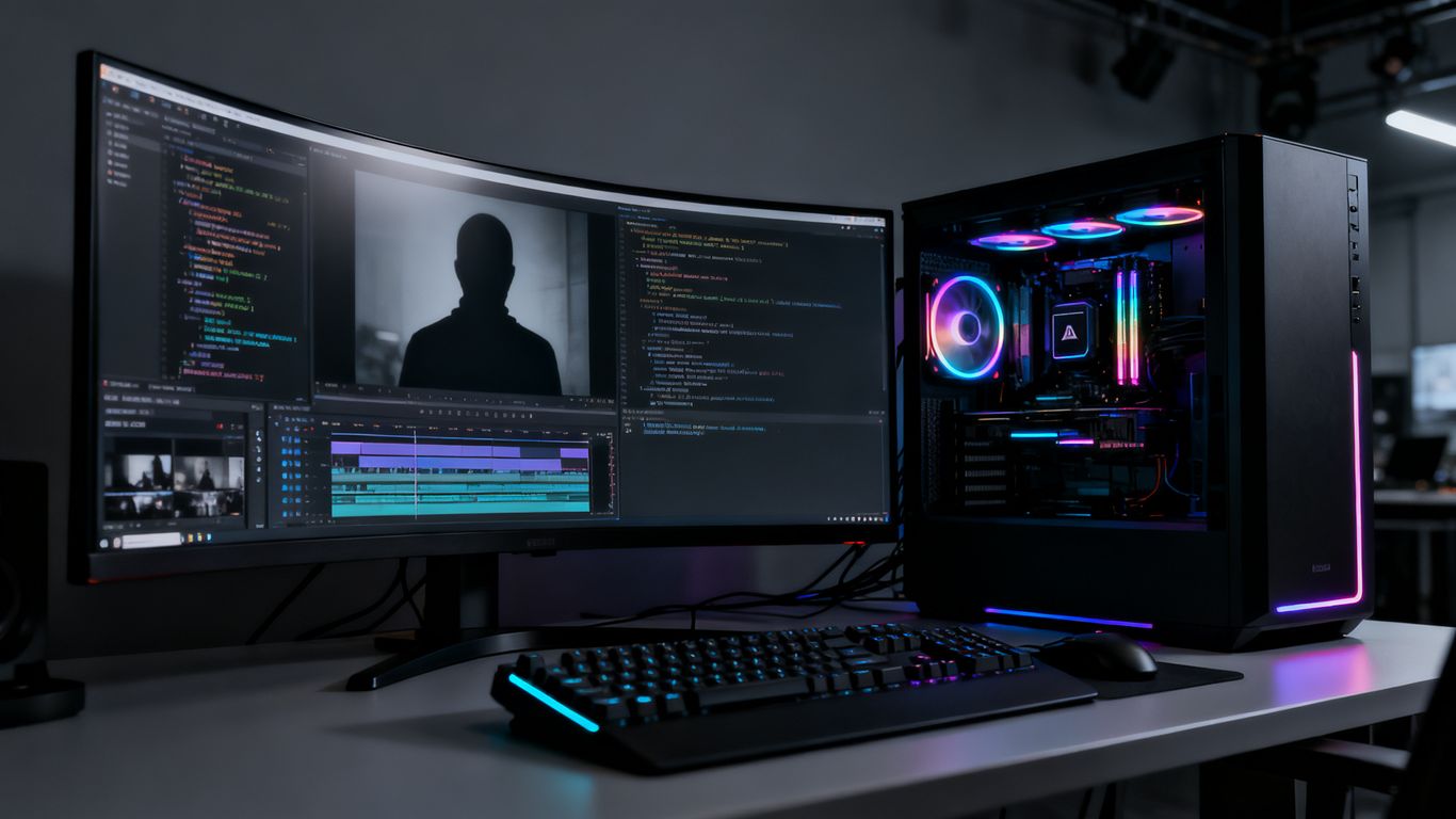 A dimly lit, moody studio space showing modern computer hardware with glowing monitors displaying code and media editing software, creating a secure professional atmosphere for an anonymous digital creator, hyper realistic sexy image