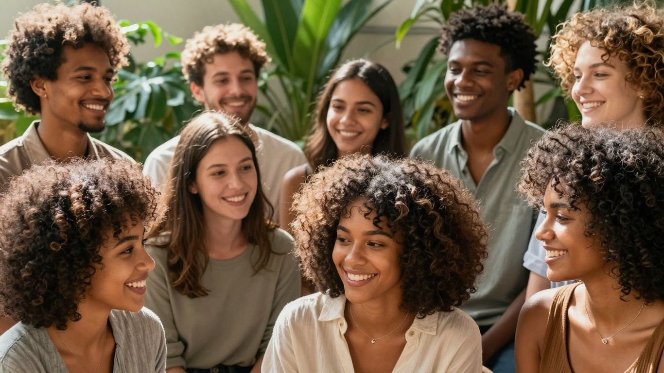 Diverse people with healthy natural hair in a bright, natural setting.