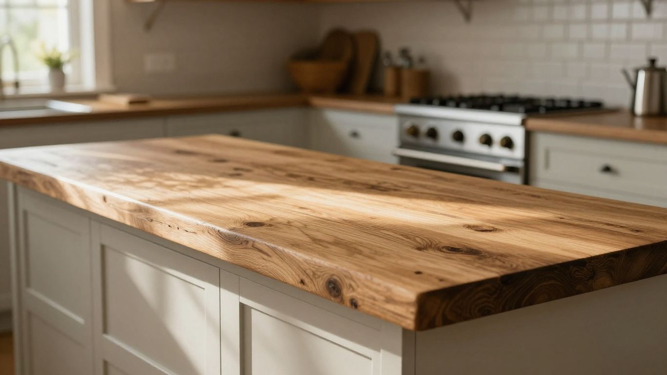 Rustic oak worktop in a sunlit kitchen.