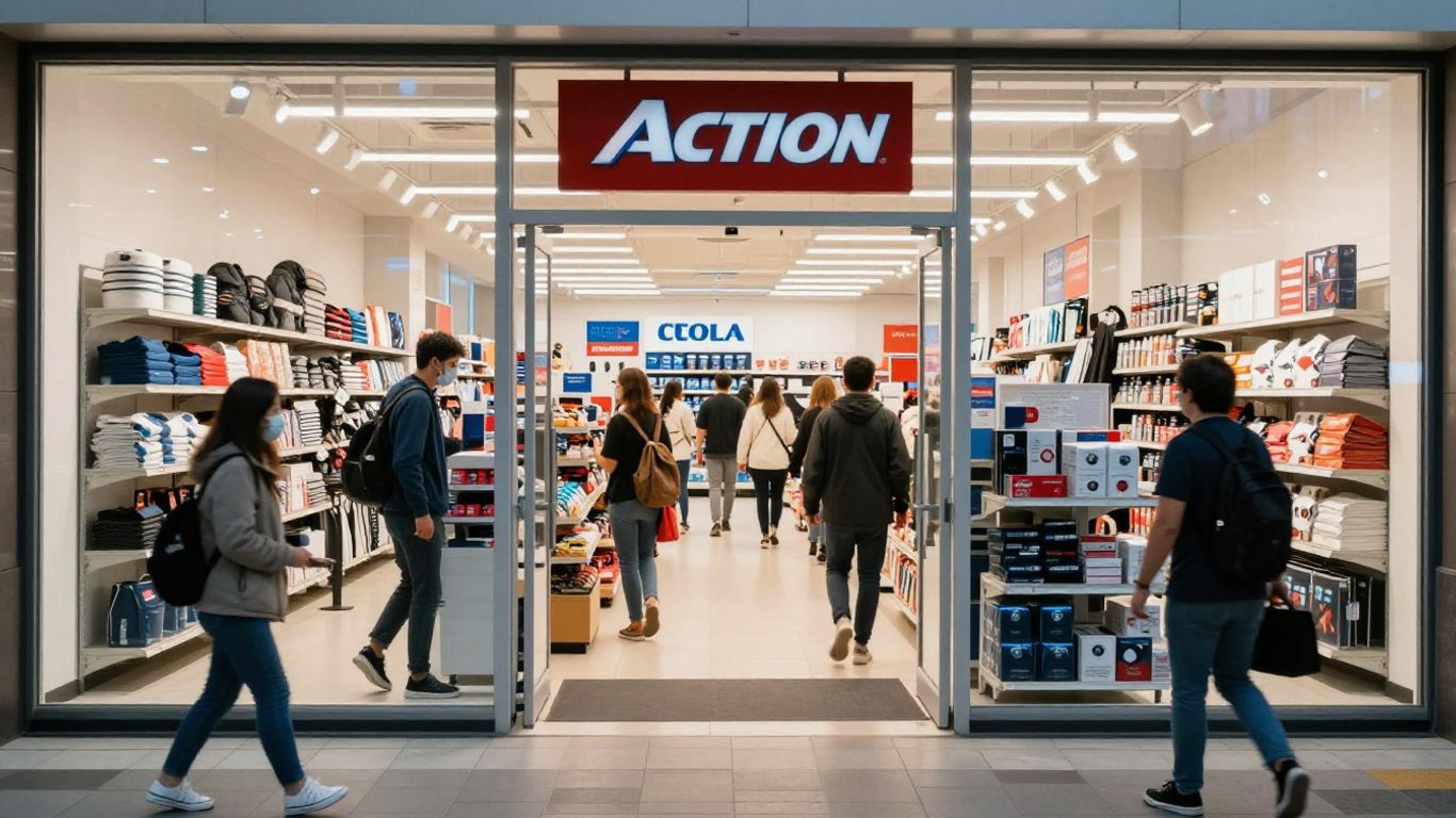 Extérieur d'un magasin Action avec des clients entrant et sortant.