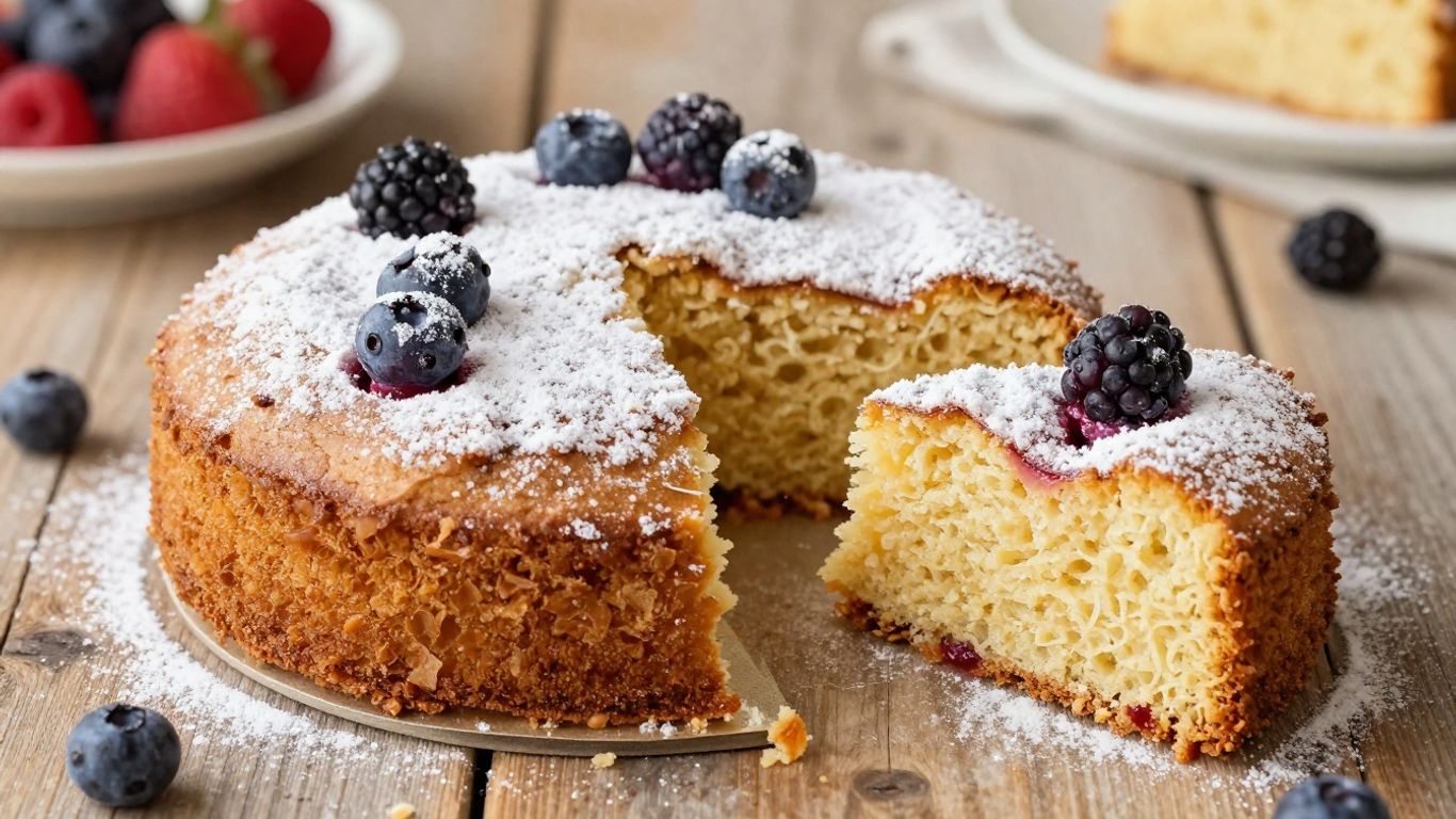 Paleo diet cake with berries on a wooden table.