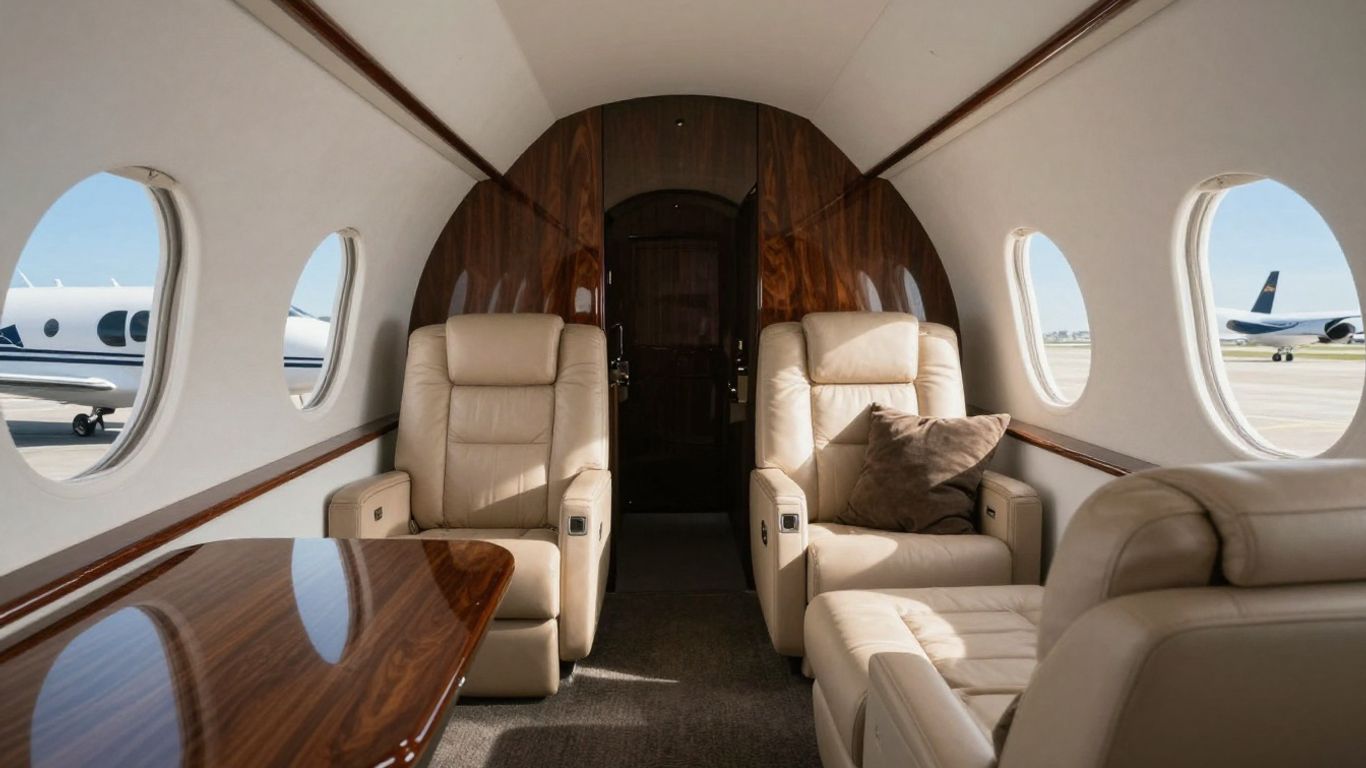 Interior of a luxurious private jet with plush seating.