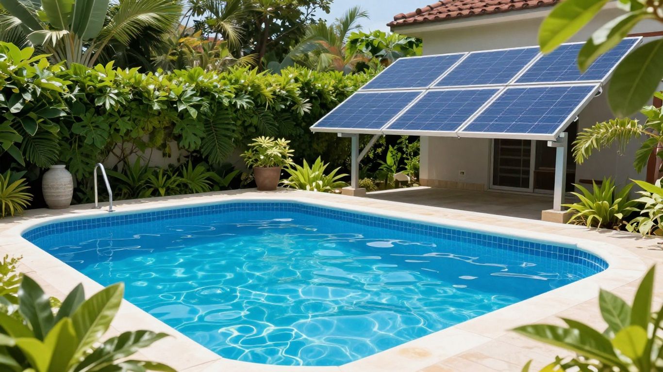 Panneaux solaires chauffant une piscine ensoleillée.