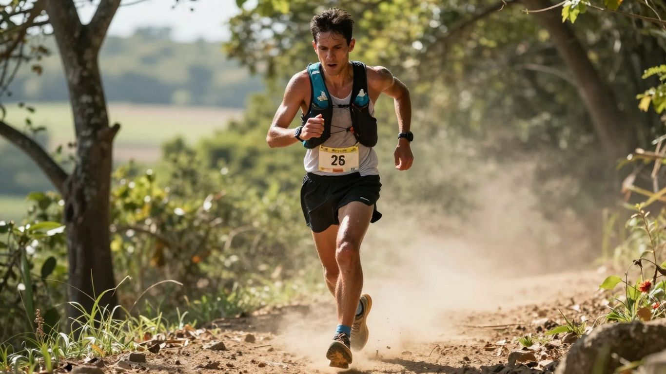 Runner conquering a 50-mile race on a scenic trail.