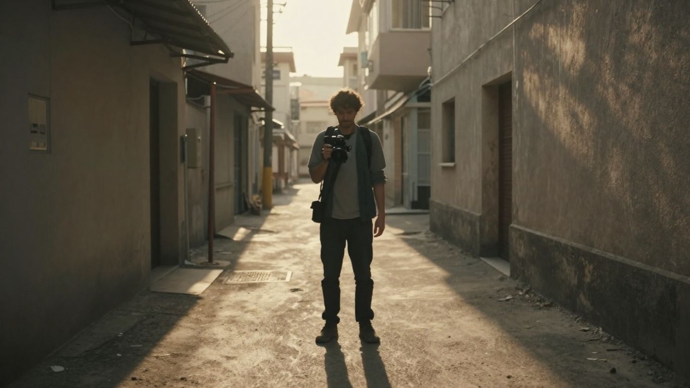 Filmmaker scouting an urban alley for music video shoot.