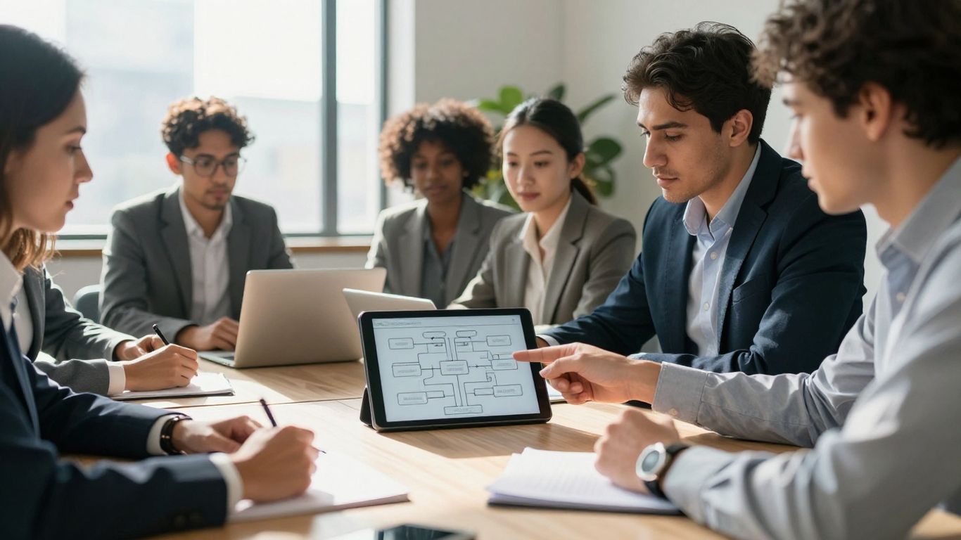 Team collaborating on business strategy with Amazon consulting.