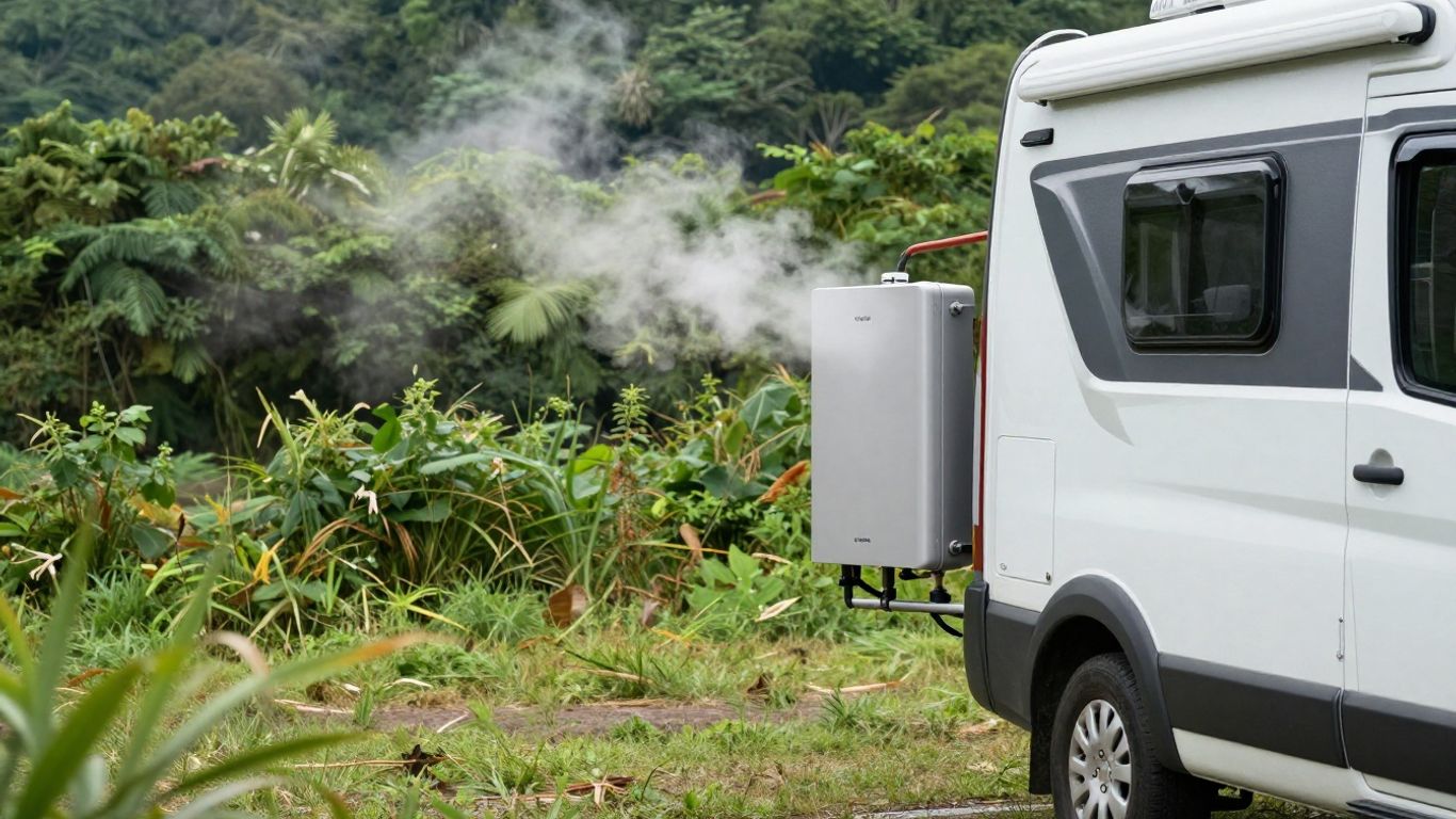 RV with tankless water heater outdoors.