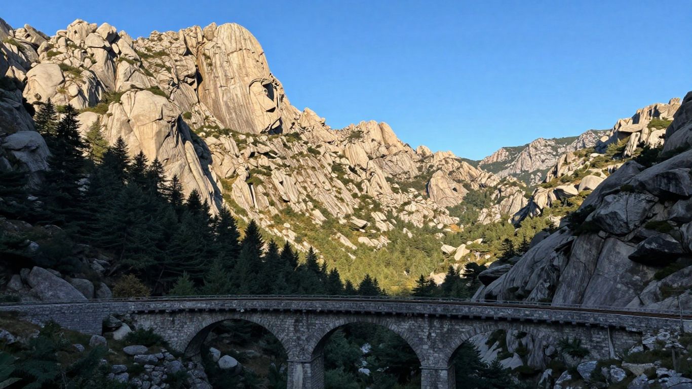 Corsican railway crossing forests and alpine valleys