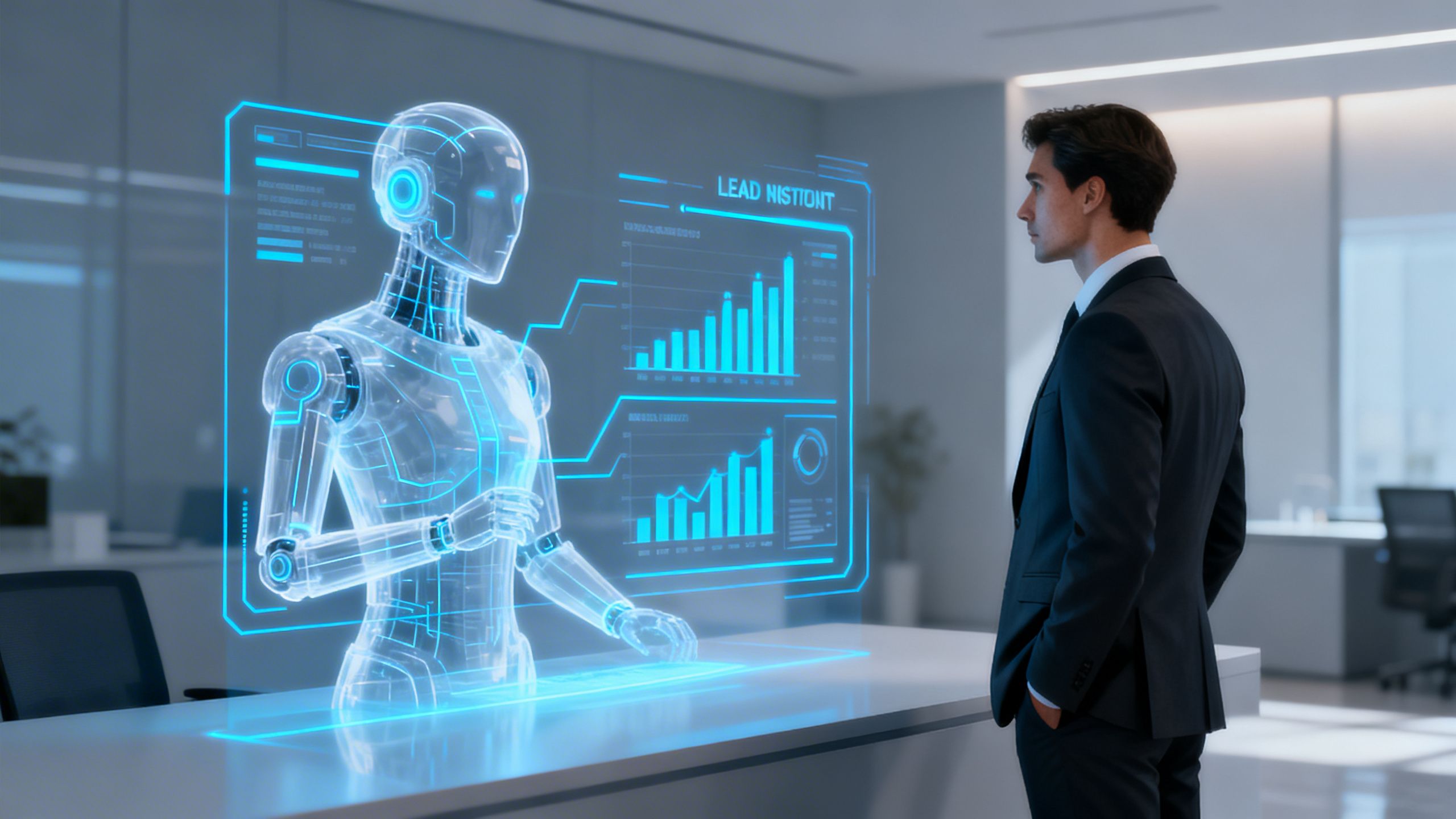 A conceptual illustration of an AI lead assistant organizing sales data for a business professional.