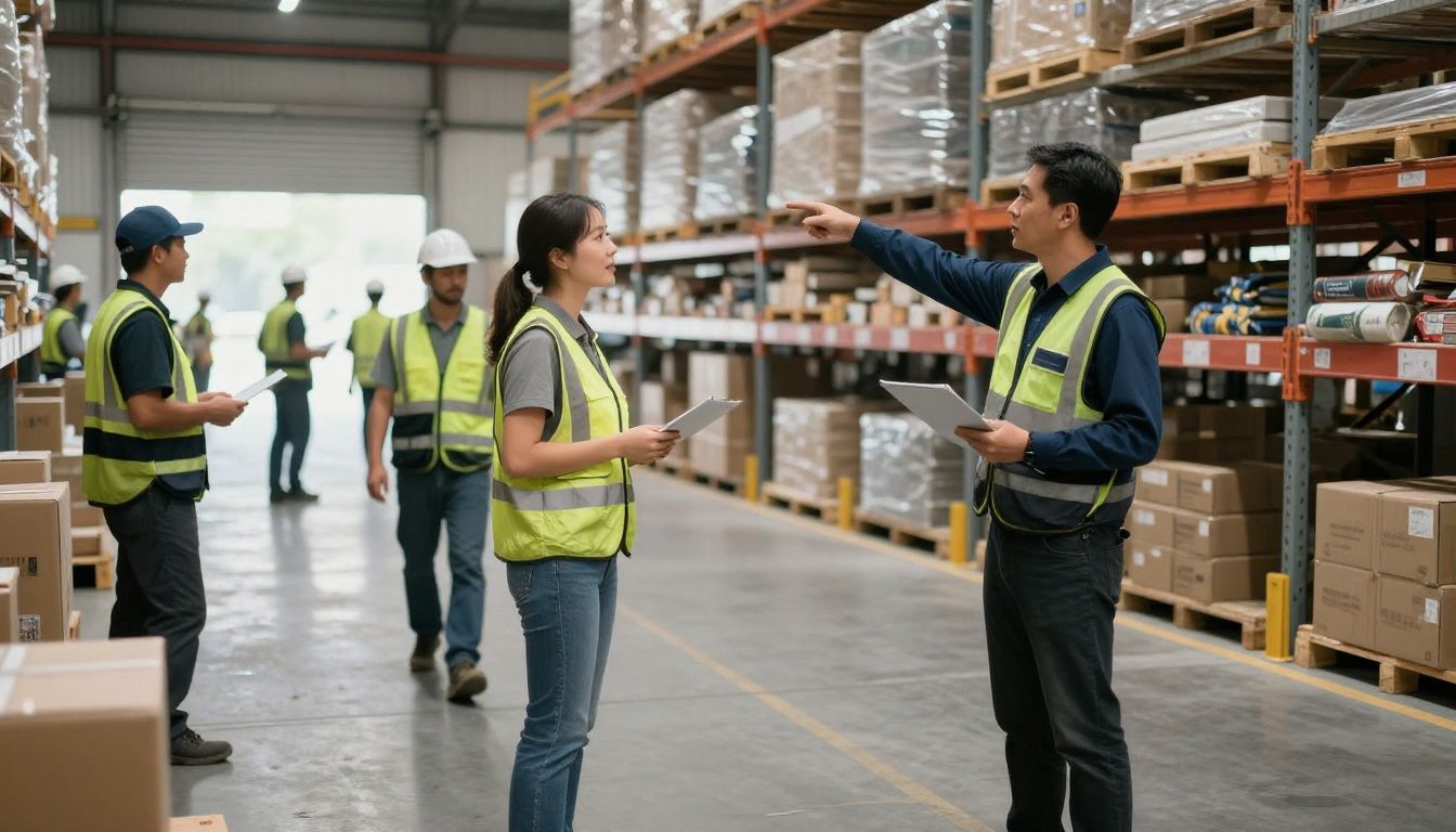 Distribution center manager directing a worker on the warehouse floor.