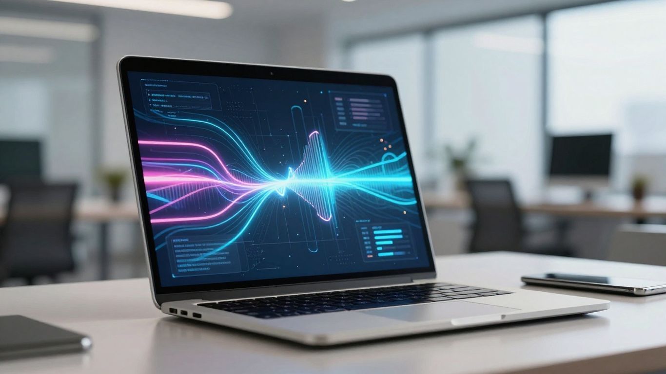 Laptop with glowing interface, abstract lines, professional office