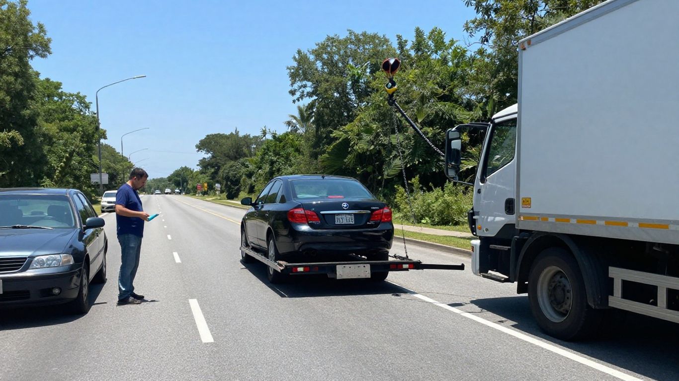 Tow trucks and disabled car on a highway.