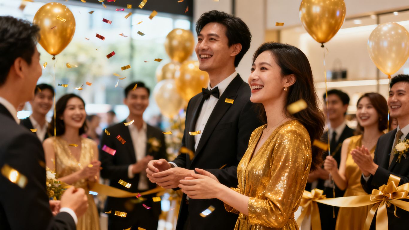 Grand opening event with happy people and balloons.