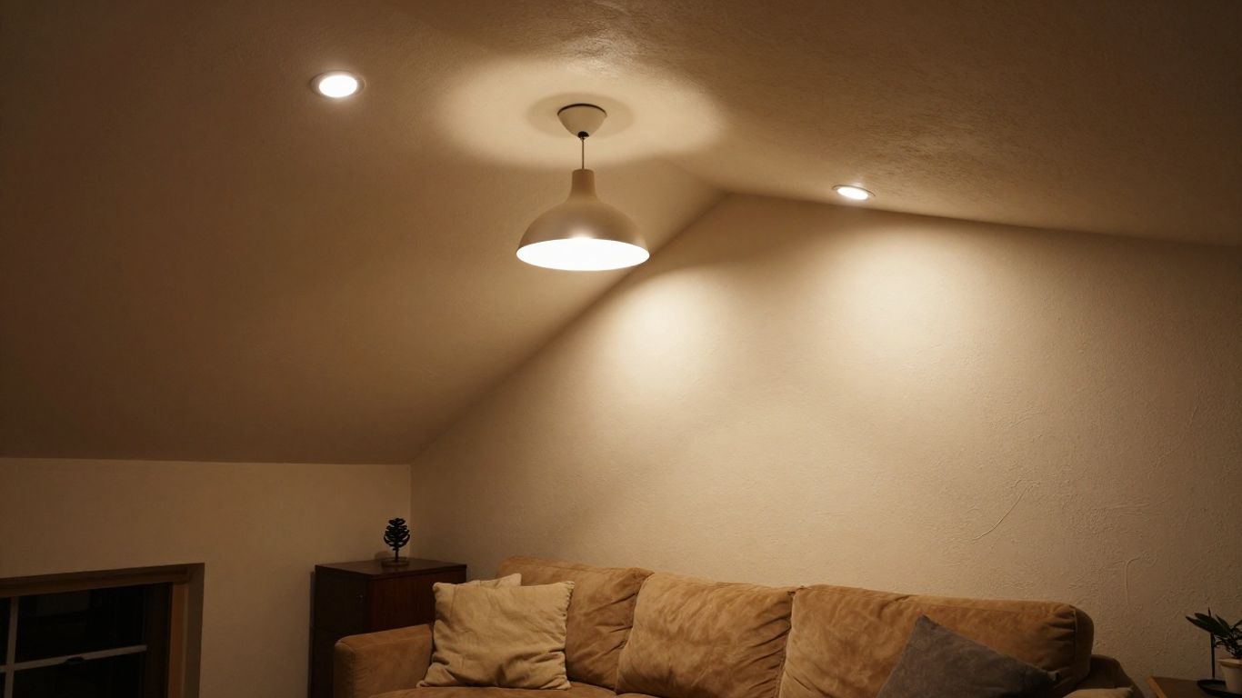 Slanted ceiling room with layered lighting.