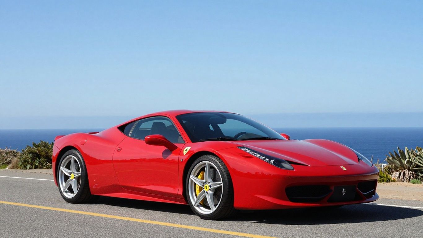 Red Ferrari 458 Italia on a coastal road.