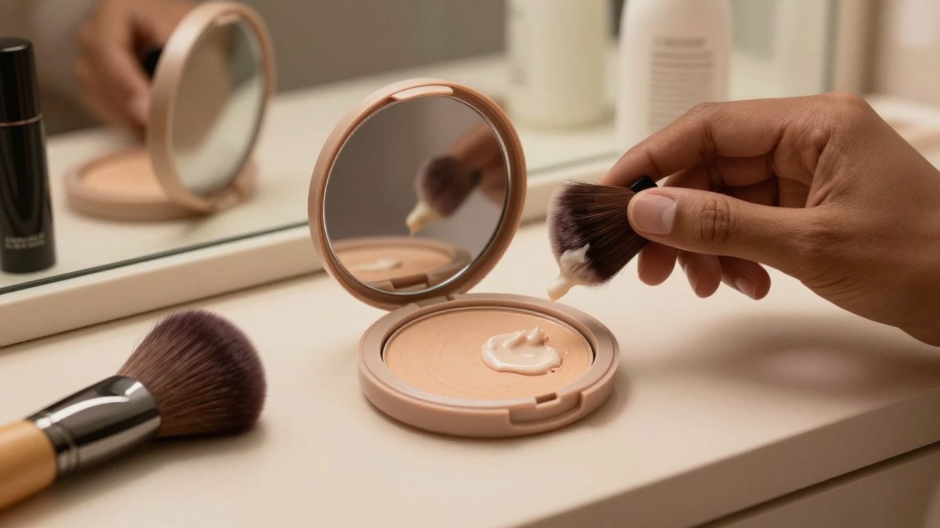 Tinted sunscreen with makeup brushes on a warm vanity