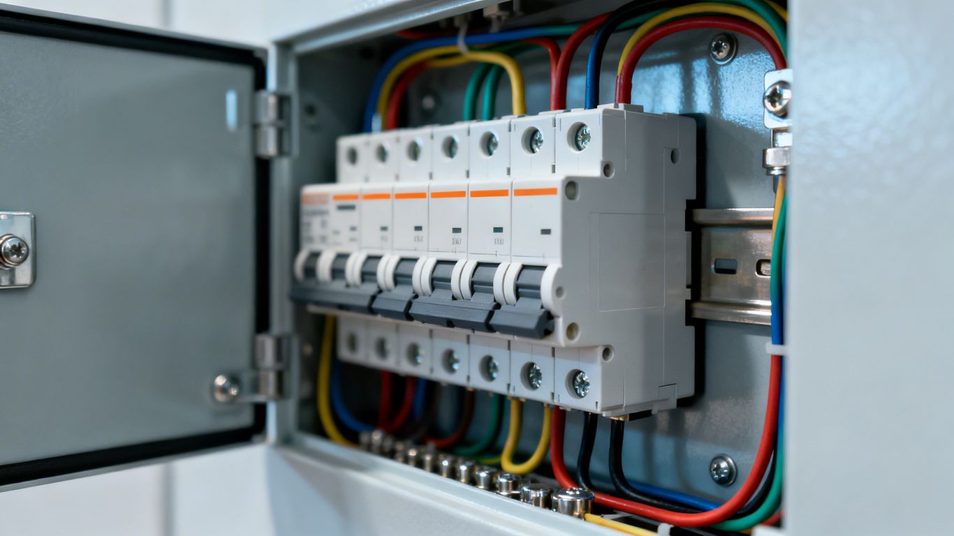 Modern electrical panel with circuit breakers