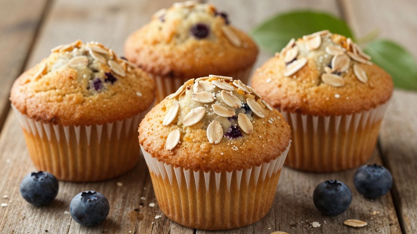 Healthy breakfast muffins on a wooden surface with berries.