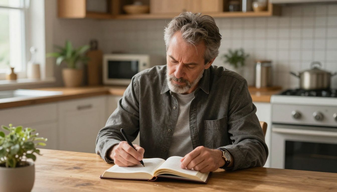 A diverse adult sitting at a sunlit kitchen table with an open Bible and journal, thoughtfully preparing to make a difficult but faithful decision in a warm realistic home setting
