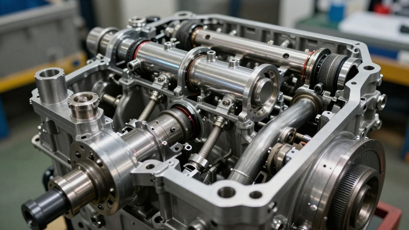 Close-up of a diesel engine's internal mechanical parts.