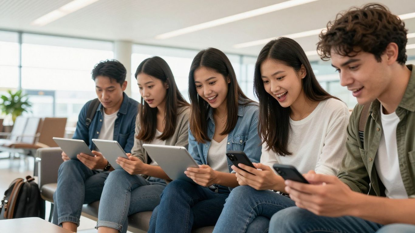 A diverse crowd of travelers searching for vacation deals