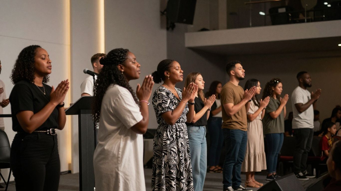 A diverse worship team preparing for a service with digital media