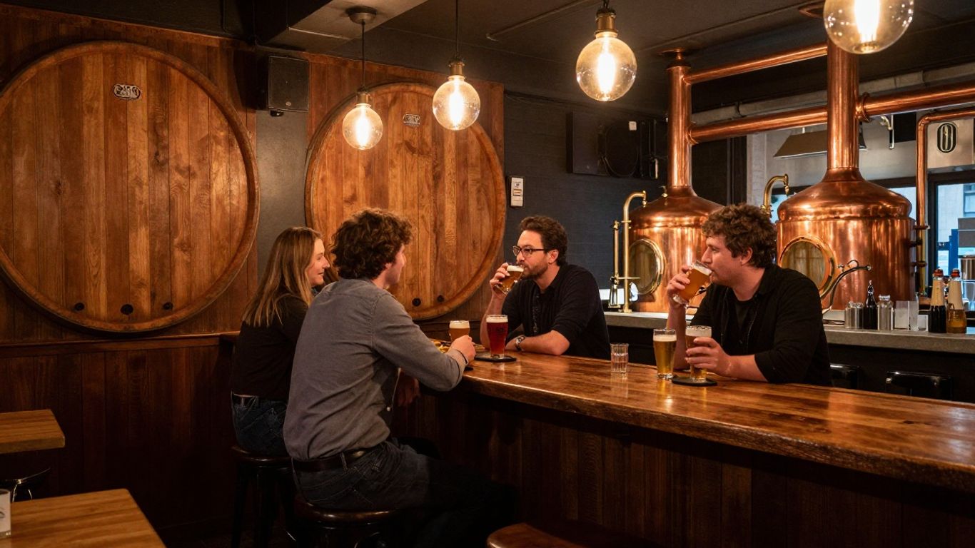 Cozy Parisian microbrewery interior with patrons and craft beer.
