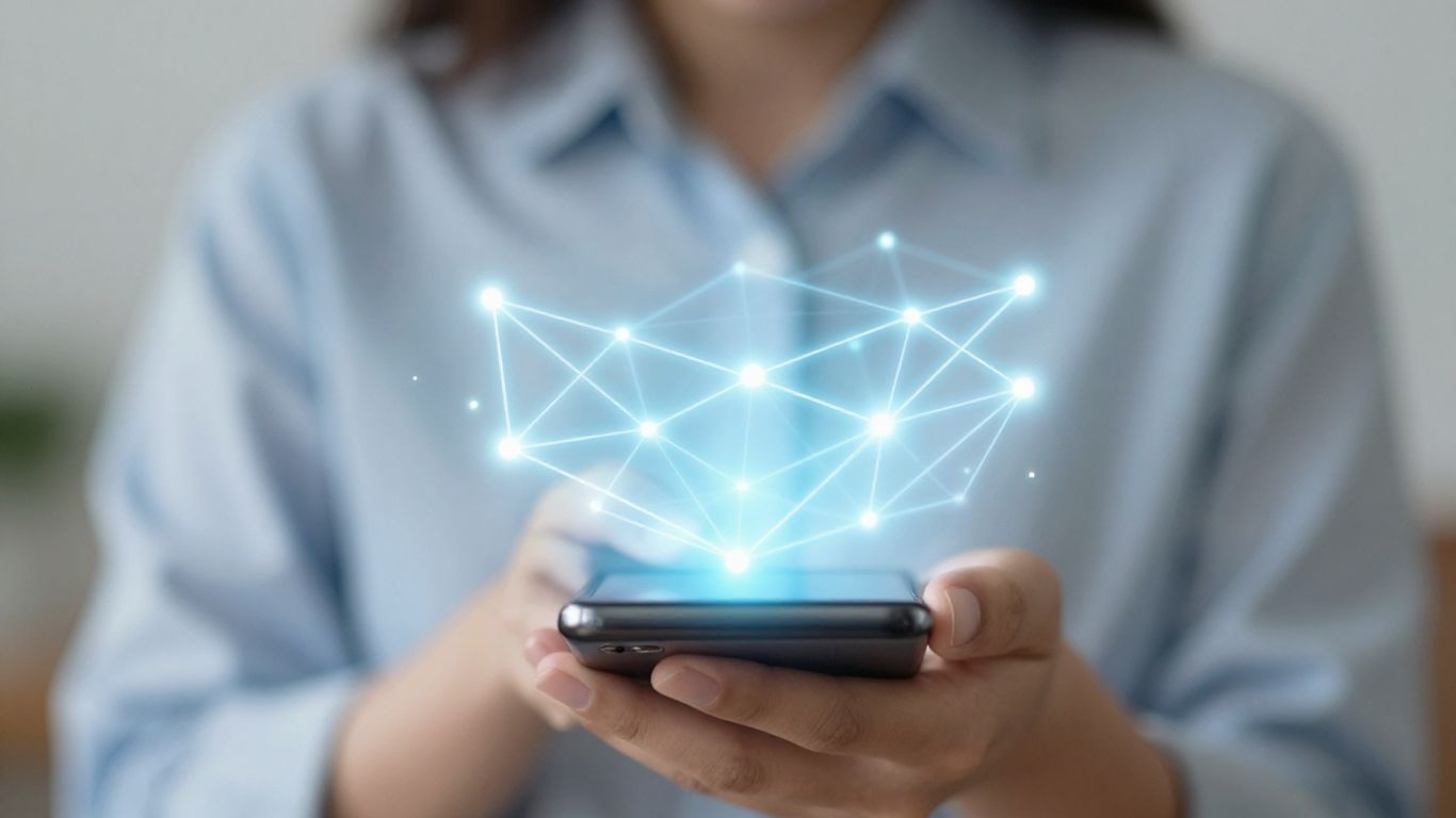 Hand holding phone with glowing network connections.