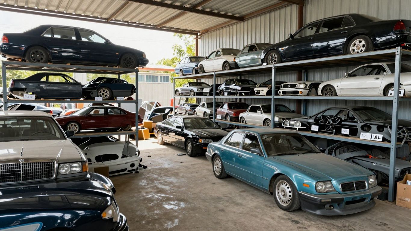 Salvage yard staff organizing used car engine parts