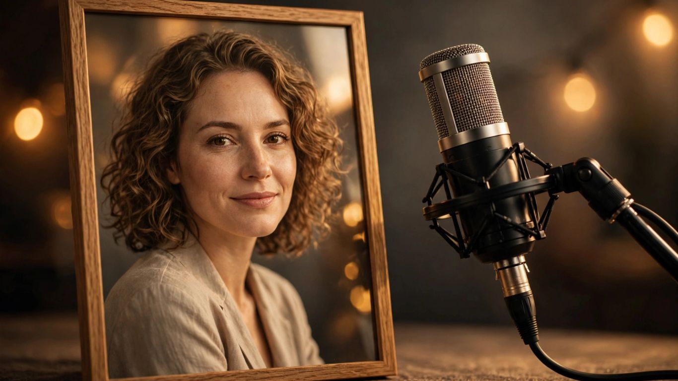 Warm portrait beside a microphone in soft studio light