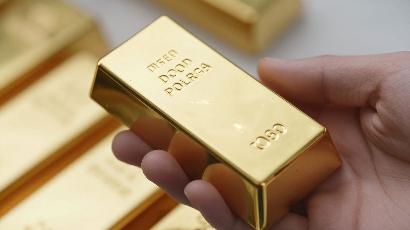 金手握着闪闪发光的金条。
