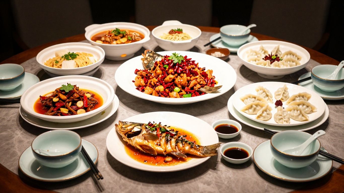 Regional Chinese dishes arranged on a dining table