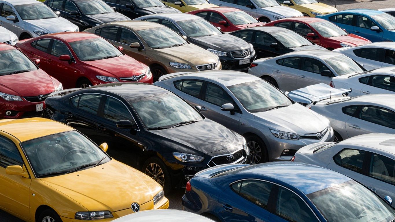 Viele Gebrauchtwagen auf einem Parkplatz.