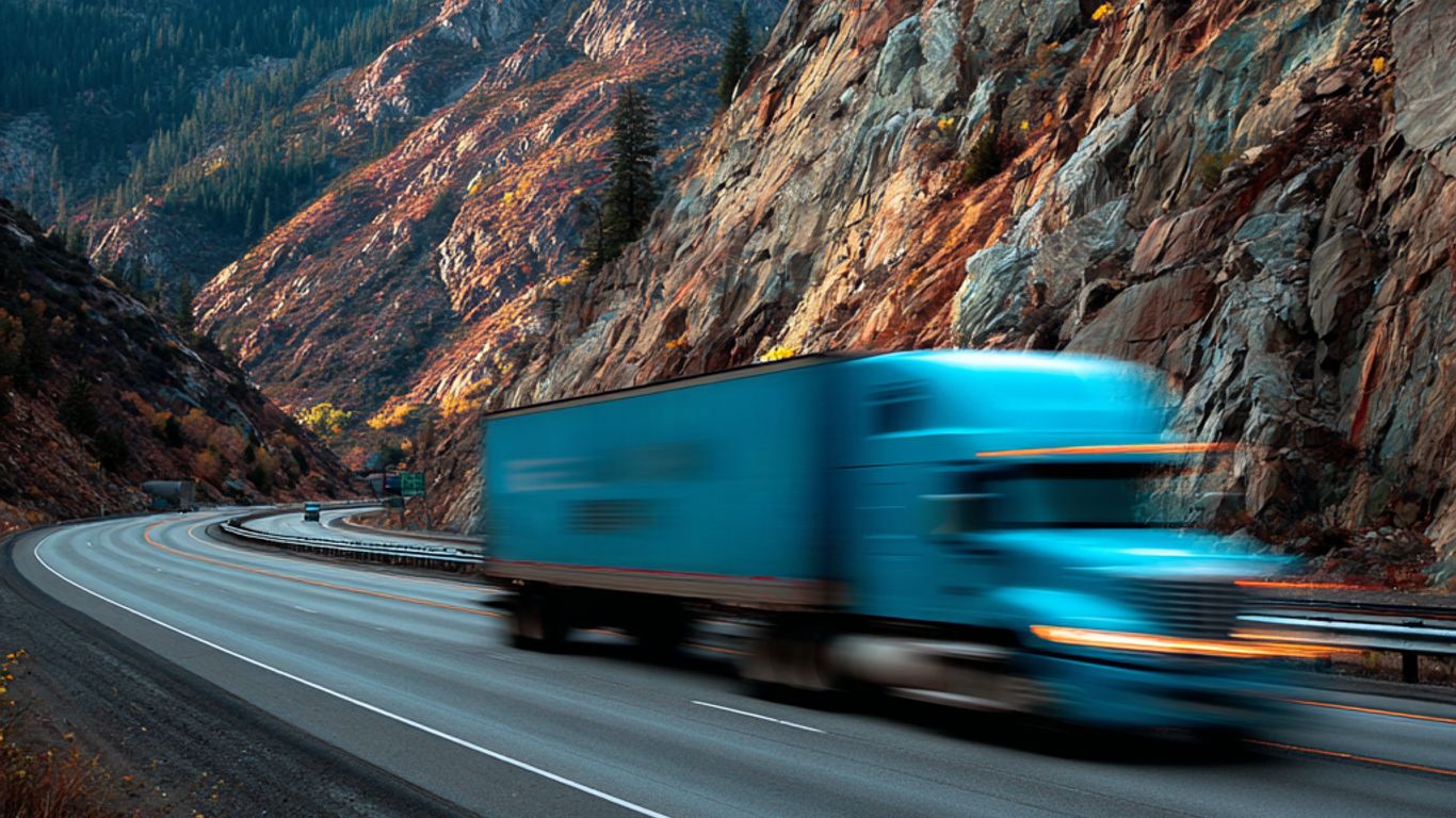 A blue truck speeds down a highway through a mountain pass.