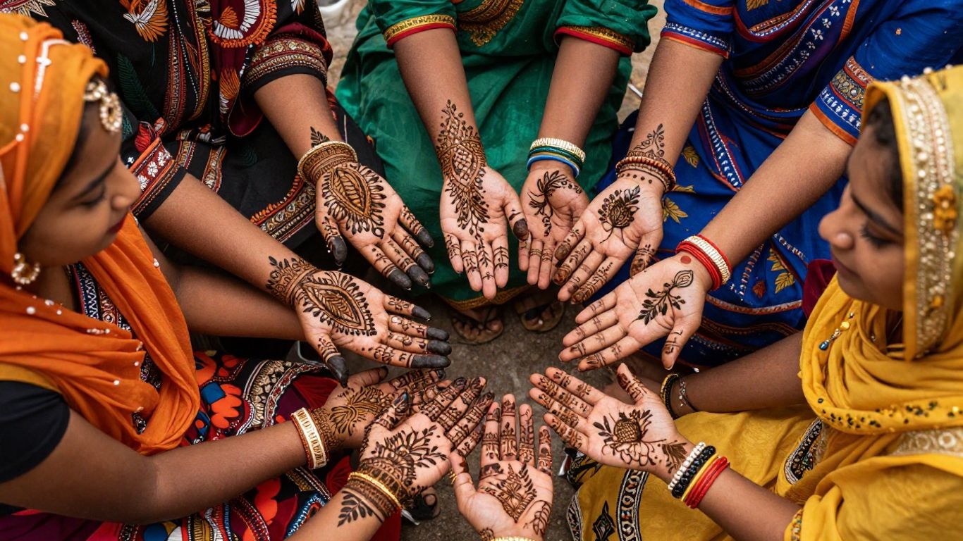 Diverse people with traditional beauty practices and adornments.