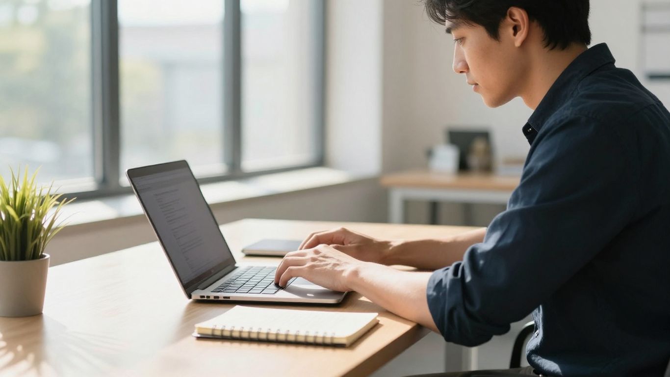 Person working on laptop in modern office with sunlight.