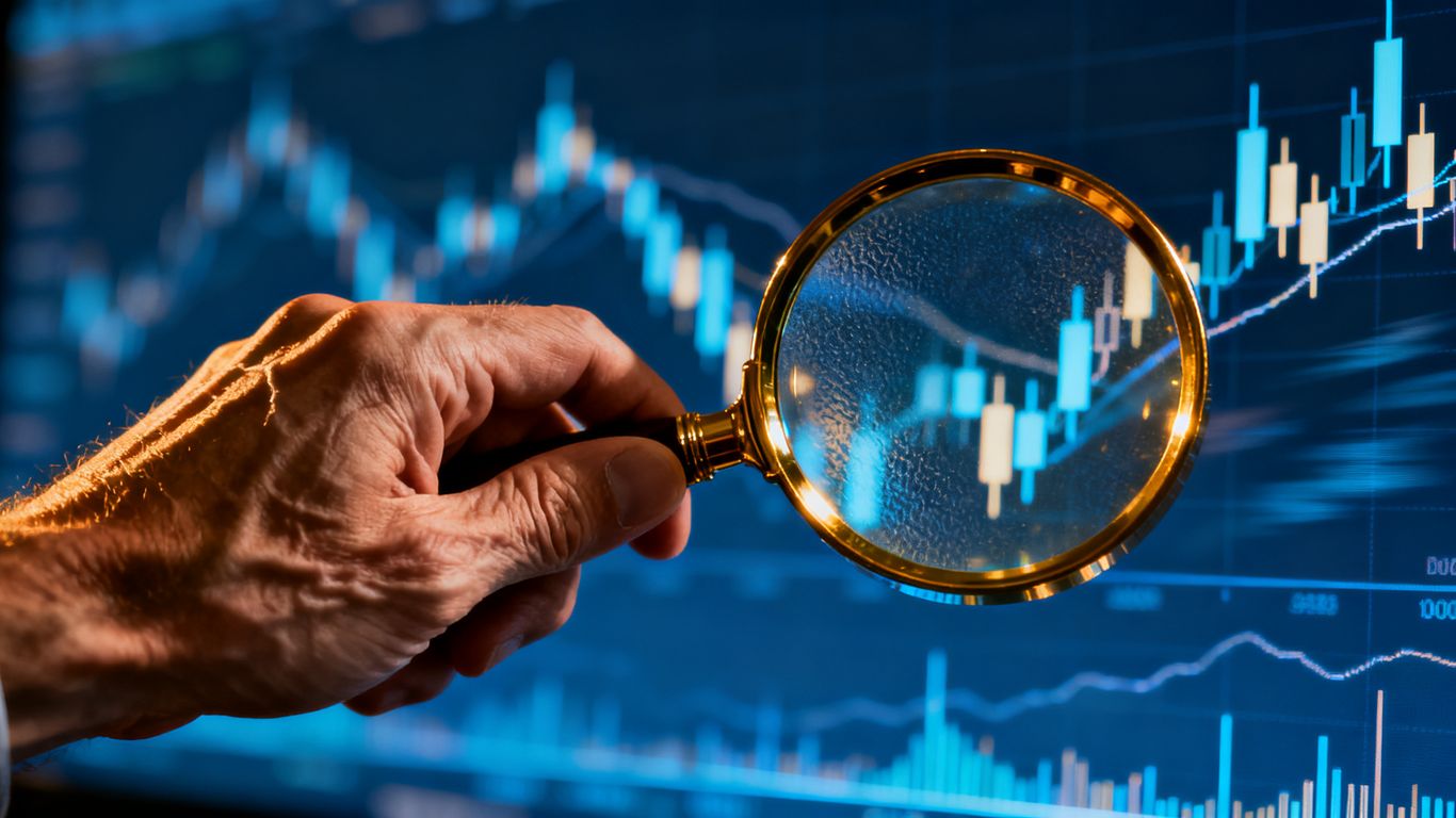 Magnifying glass examining financial market patterns.